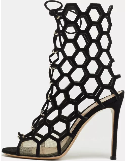 Gianvito Rossi Black Suede and Mesh Cut Out Sandal