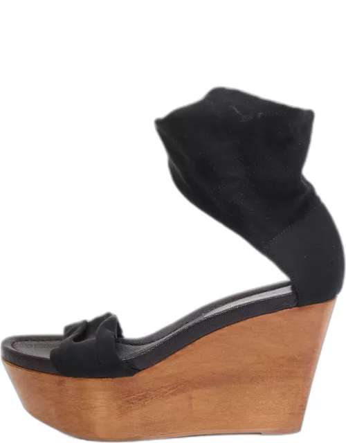 Gianvito Rossi Black Fabric Wedge Platform Ankle Strap Sandal