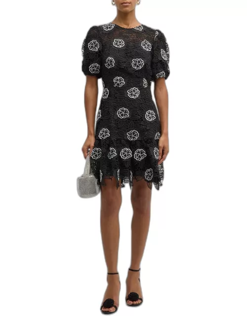 Yasmin Puff-Sleeve Floral Lace Mini Dres