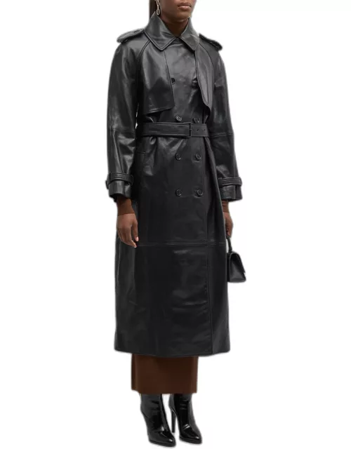 Belted Leather Long Trench Overcoat