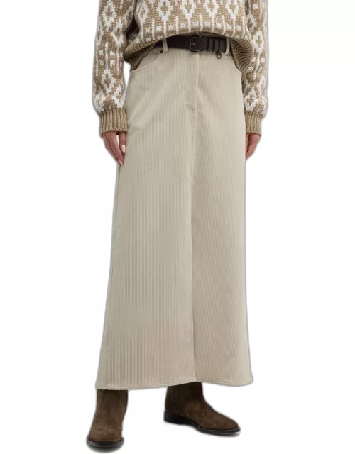 5-Pocket Slit-Hem Cotton Corduroy Midi Skirt