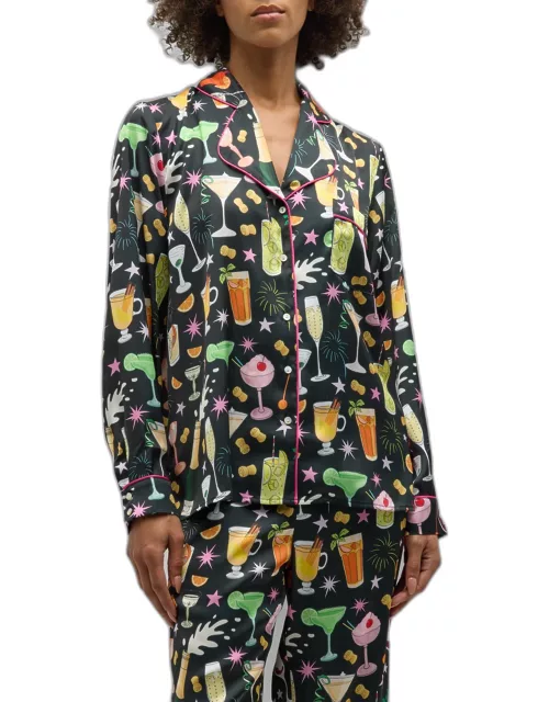 Cropped Cocktail-Print Satin Pajama Set