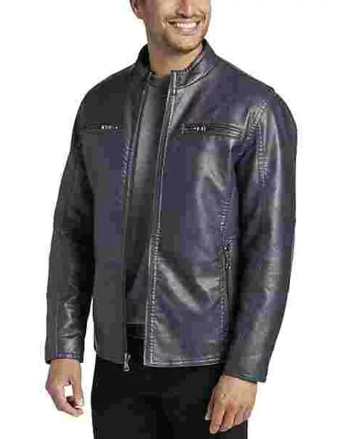Awearness Kenneth Cole Men's Modern Fit Faux Leather Moto Jacket Dark Blue