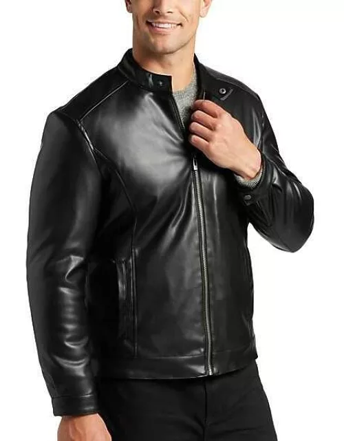 Joseph Abboud Men's Modern Fit Leather Bomber Jacket Black Solid
