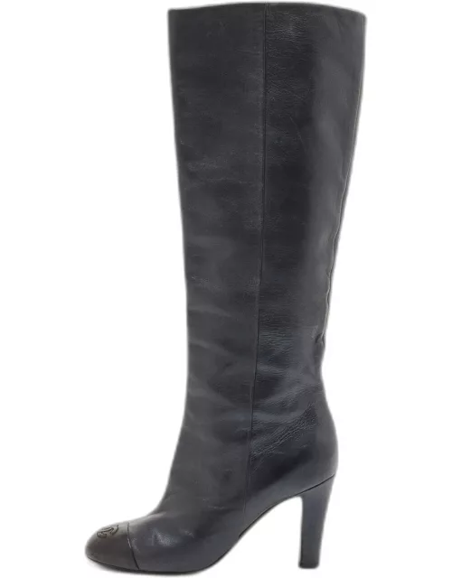 Chanel Navy Blue Leather Cap Toe Knee Length Boot