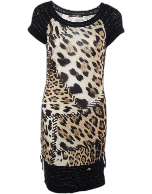 Roberto Cavalli Multicolor Animal printed Jersey & Wool Knit Ruched Mini Dress