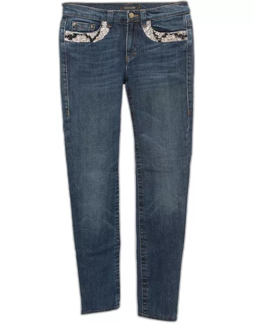 Roberto Cavalli Blue Washed Denim Embellished Pocket Detail Straight Fit Jeans S Waist 28"