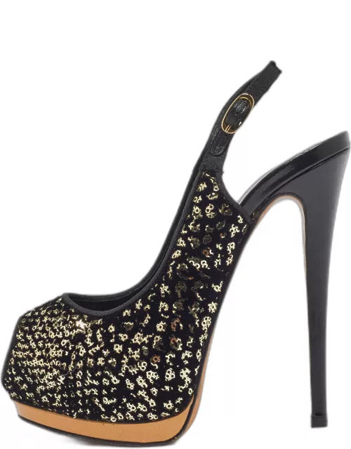Guiseppe Zannotti Black/Gold Sequins and Velvet Peep Toe Slingback Platform Sandal