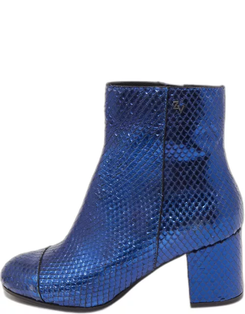 Zadig & Voltaire Blue Python Embossed Leather Block Heel Ankle Bootie