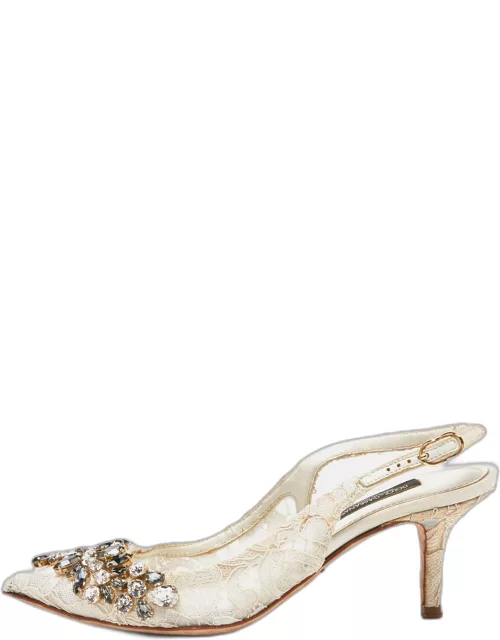 Dolce & Gabbana White Lace Crystal Embellished Slingback Sandal