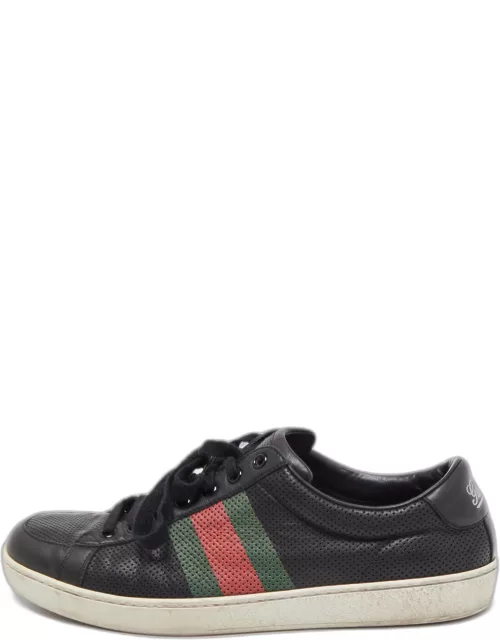 Gucci Black Perforated Leather Web Detail Low Top Sneaker