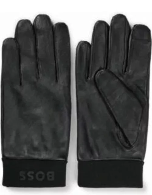 Leather gloves with branding and touchscreen-friendly fingertips- Black Men's Glove