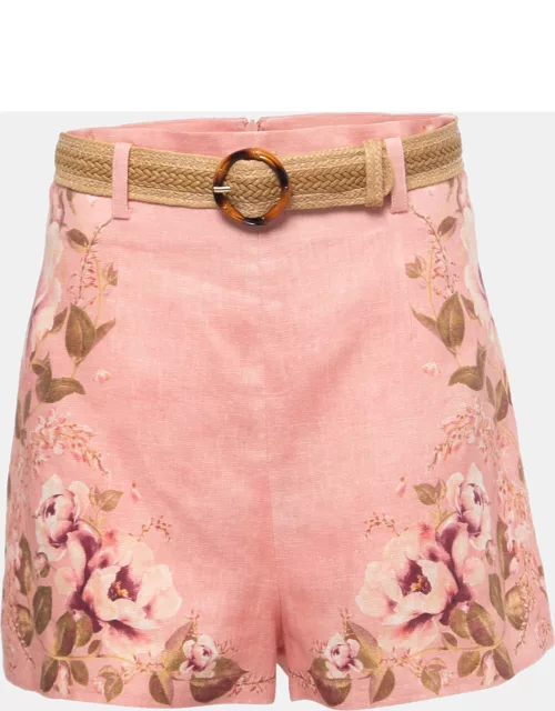 Zimmermann Pink Floral Printed Linen Belted Shorts