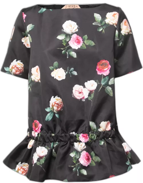 N21 Black Floral Print Synthetic Half Sleeve Tunic Top