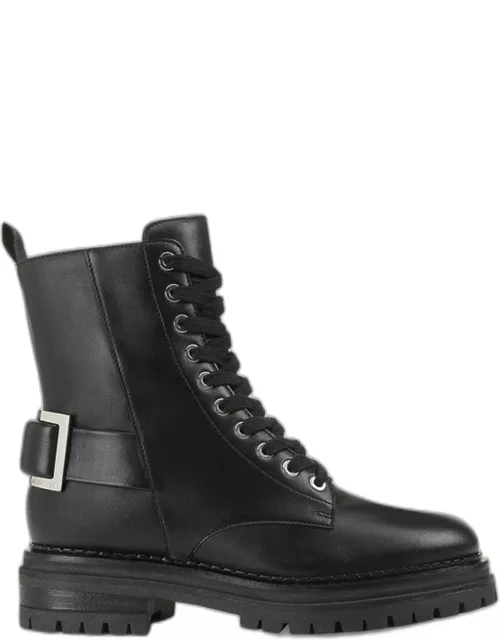 Leather Buckle Lace-Up Combat Bootie