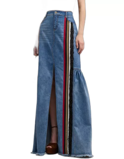 Sekiko Striped Ribbon Fringe Slit-Front Maxi Denim Skirt