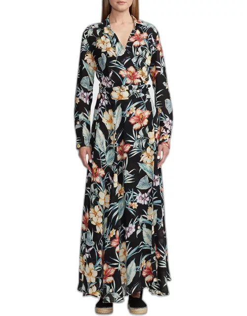 Aniyah Delano Tropical Floral-Print Linen Voile Maxi Wrap Shirtdres