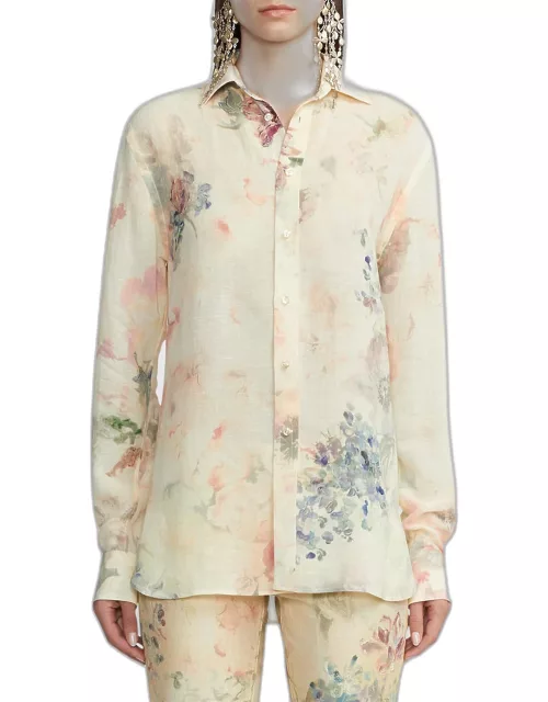Graison Wildflowers-Print Linen Voile Collared Shirt