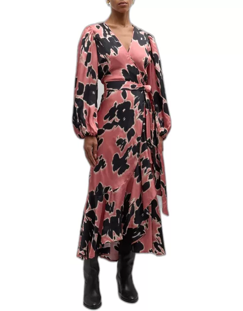 Blaire Long-Sleeve Hammered Satin Midi Wrap Dres