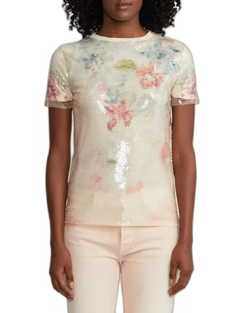 Sequin Wildflower-Print Layered Short-Sleeve T-Shirt