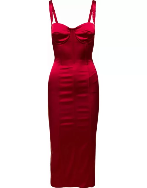 Dolce & Gabbana Longuette Red Dress Wuth Bustier Details In Satin Woman