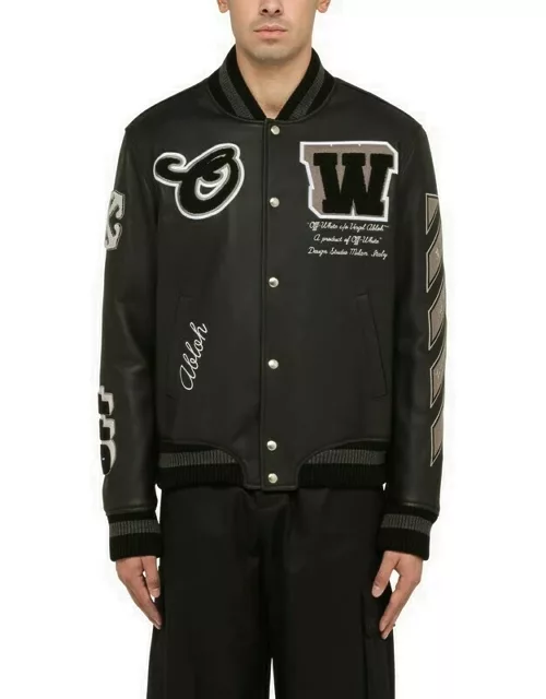 Black leather bomber jacket with patche