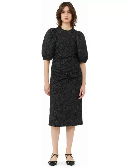 GANNI Black Short Sleeve Jacquard Puff Sleeves Midi Dres