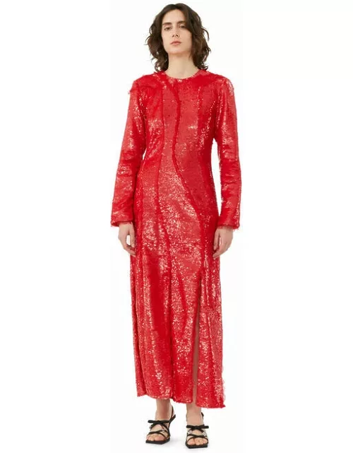 GANNI Red Long Sleeve Sequins Maxi Dres