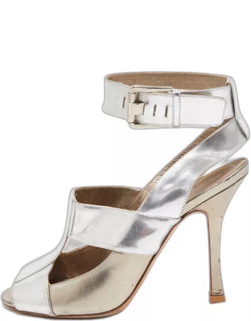 Sergio Rossi Silver Leather Open Toe Ankle Strap Sandal