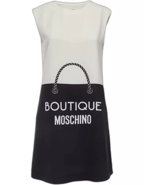Boutique Moschino Cream/Black Logo Print Crepe Sleeveless Mini Dress