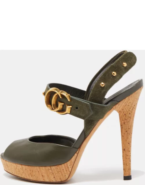 Gucci Olive Green Leather And Suede GG Cork Platform Ankle Strap Sandal