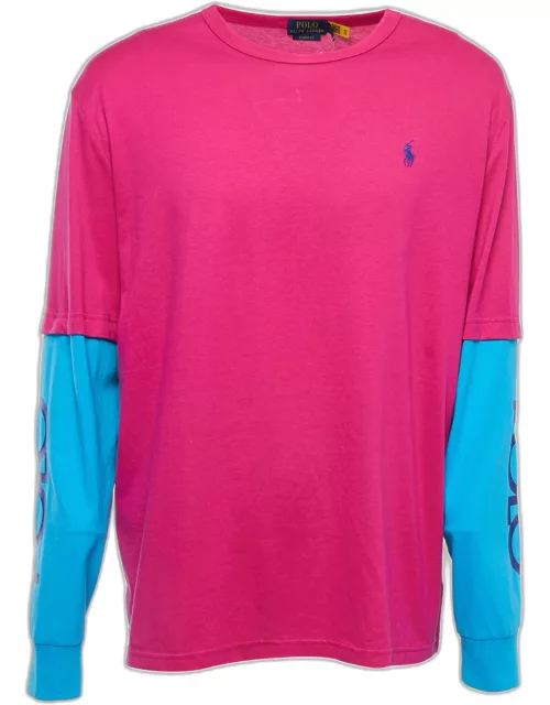 Polo Ralph Lauren Pink/Blue Logo Embroidered Cotton Crew Neck Long Sleeve T-Shirt