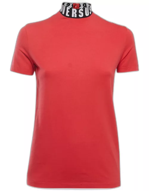 Versus Versace Red Cotton Logo Detailed High Neck T-Shirt