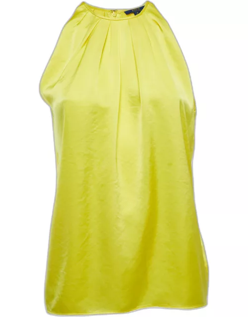 Polo Ralph Lauren Yellow Satin Pleated Back Slit Detailed Sleeveless Top