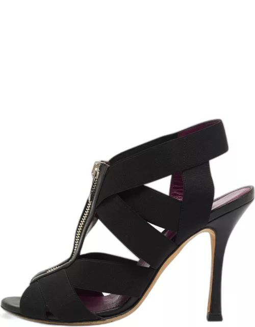 Sergio Rossi Black Elastic and Leather Ankle Strap Sandal