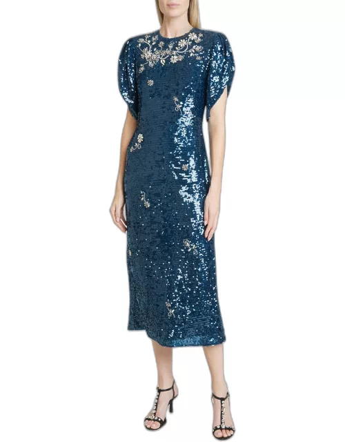 Crystal Embroidered Short-Sleeve Sequin Midi Dres
