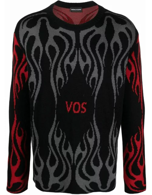 Vision of Super Black Jumper With Red And Grey Jacquard Logo And Flame
