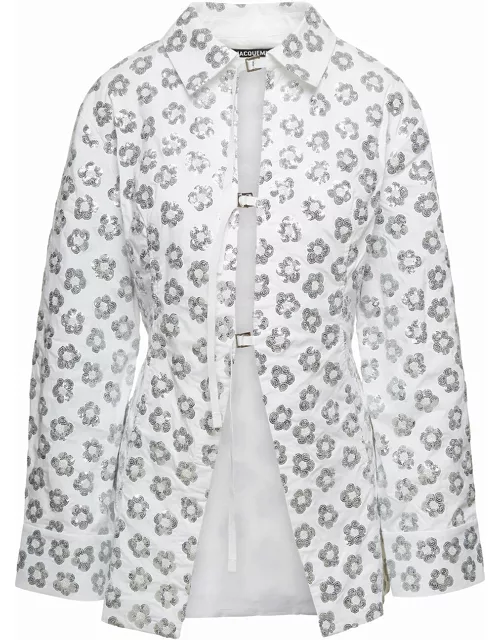 Jacquemus la Chemise Lavoir Brodéè White Shirt With Paillettes Embroidery In Stretch Cotton Woman