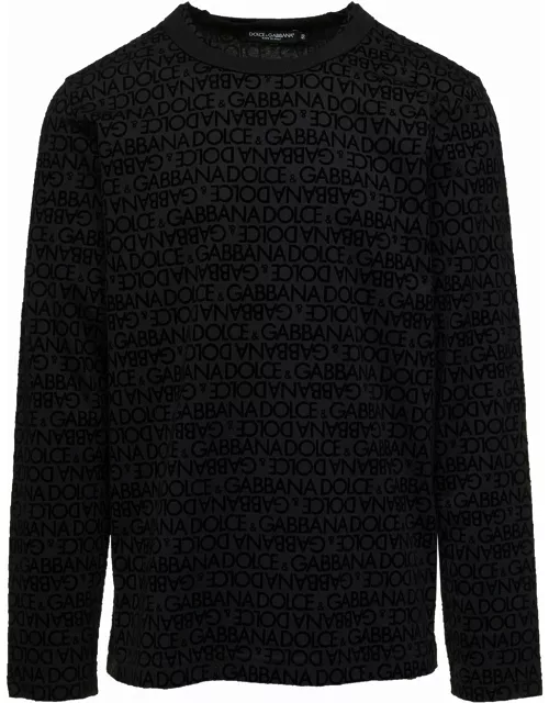 Dolce & Gabbana Black Long Sleeve T-shirt With All-over Logo Print In Cotton Man