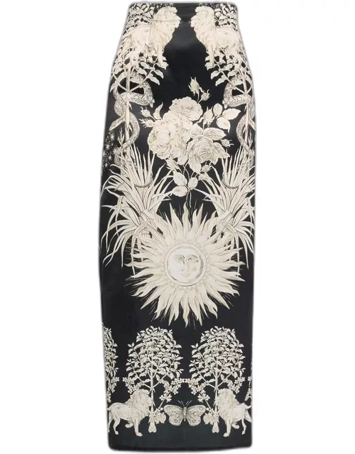Floral-Print Satin Pencil Skirt