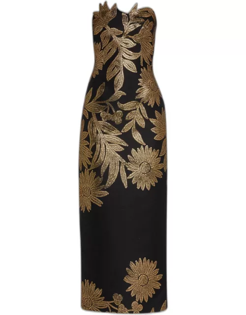 Floral-Embroidered Strapless Column Dres