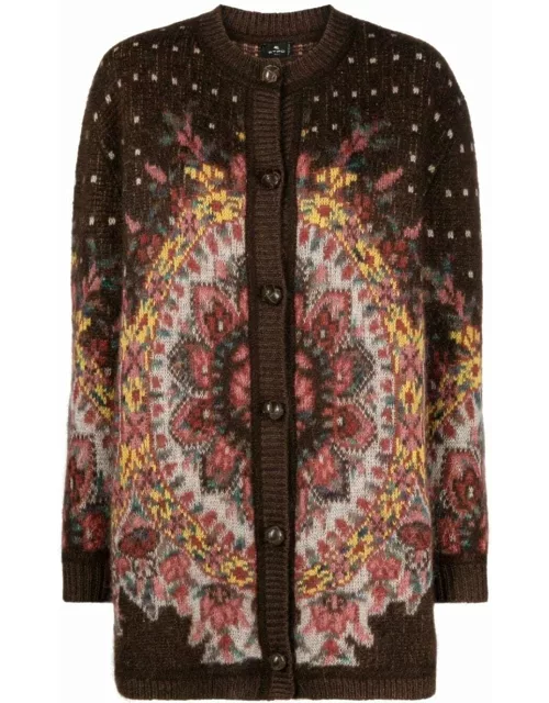 Multicolored crew-neck cardigan with jacquard pattern