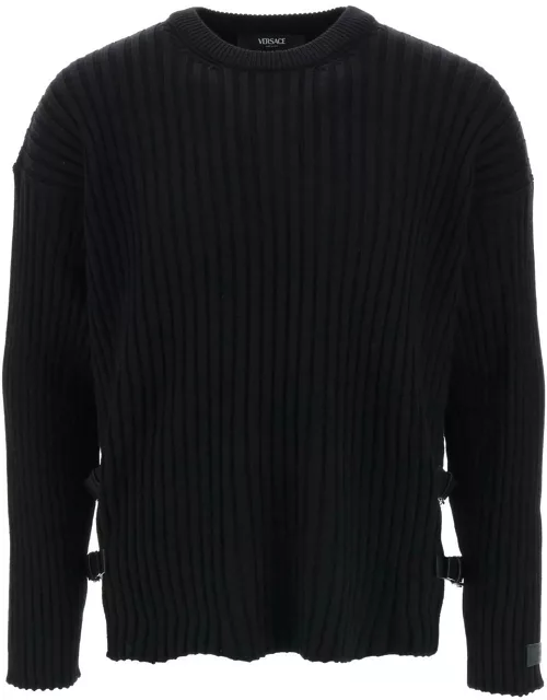 VERSACE ribbed-knit sweater with leather strap