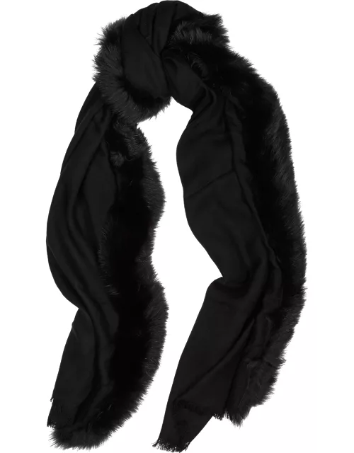 Ama Pure Black Fur-trimmed Wool Scarf