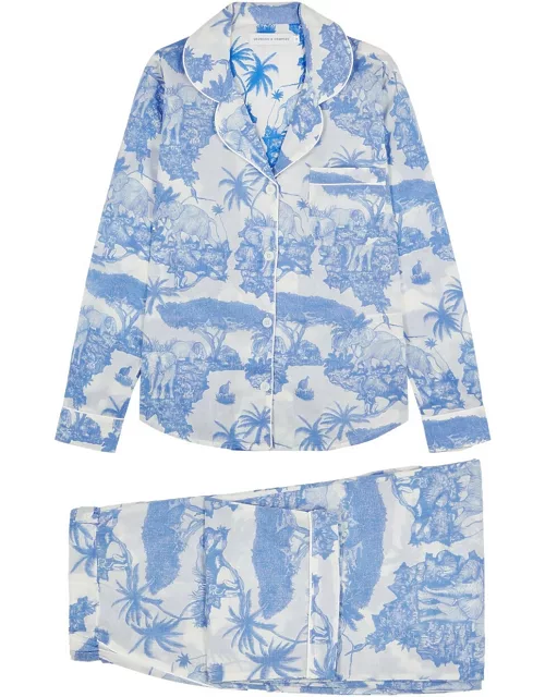 Desmond & Dempsey Loxodonta Printed Cotton Pyjama set - Blue