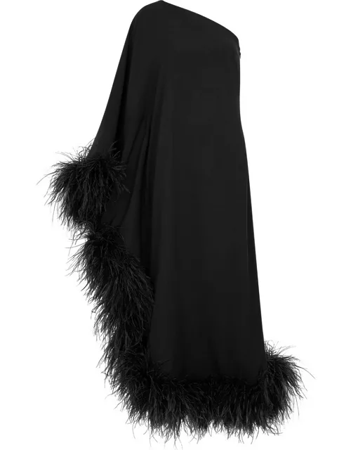 Taller Marmo Ubud One-shoulder Feather-trimmed Midi Dress - Black