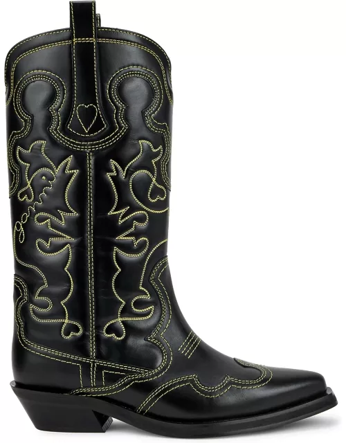 Ganni Embroidered Leather Cowboy Boots - Black