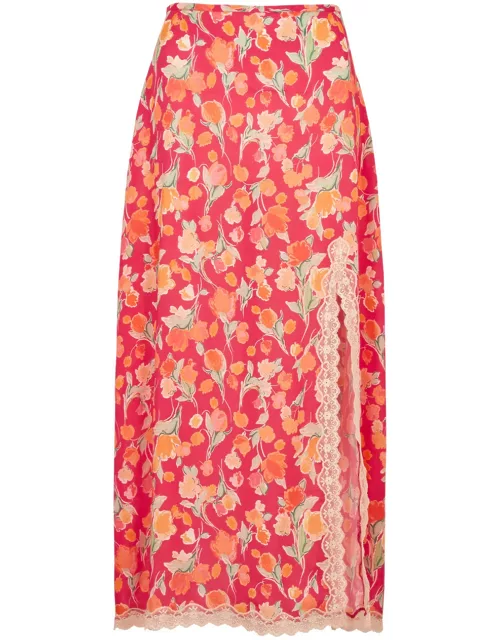 Rixo Sibilla Floral-print Lace-trimmed Midi Skirt - Coral