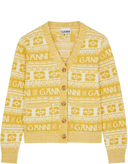 Ganni Logo-intarsia Wool-blend Cardigan - Yellow