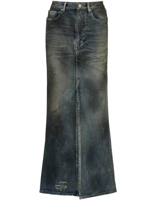 Balenciaga Distressed Denim Maxi Skirt - Blue